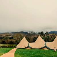 Three Tipis are setup in a field with beautiful irish countryside in the background
