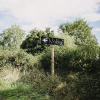 A blackboard signpost directs guests to the wedding