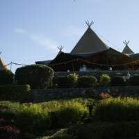 Four Tipi set up with canvas sides open sitting upon a hill, shrubs and greenery are in the foreground