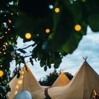 Beautiful fairylit trees frame the tops of three tipis lit with festoon lighting