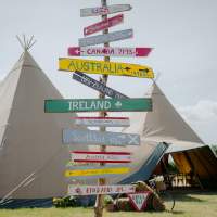 A wooden pole covered in painted directional locations around the world stands in front of two tipis outdoors