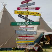 Creative handmade painted wooden signpost with different geographical locations, tipis stand behind in the background